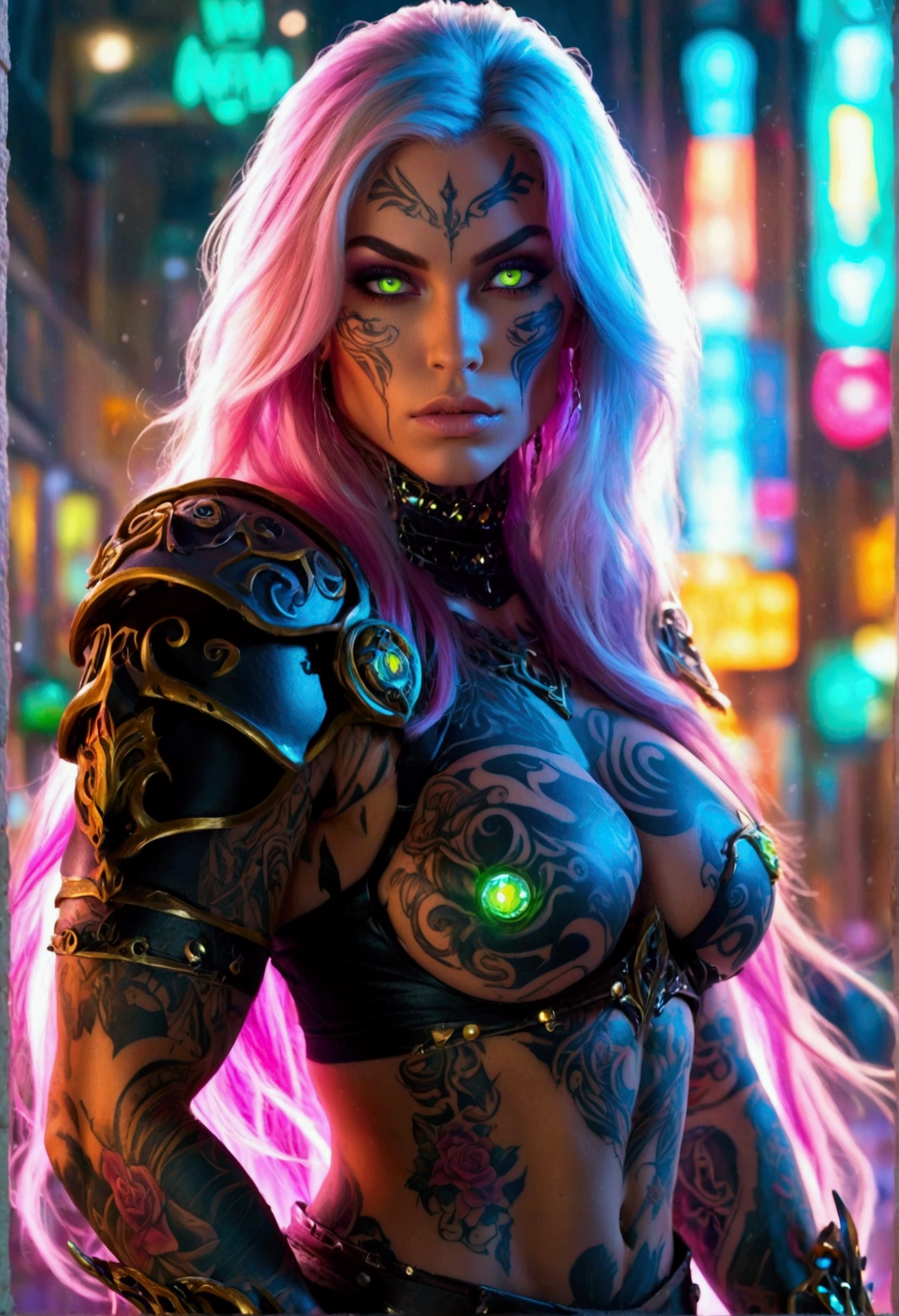 Create a hyper detailed photograph of a tattooed muscular young sexy female deathknight, Stunningly perfect gorgeous feminine face, perfect makeup, detailed vibrant neon eyes, long flowing hair, big beautiful muscular legs, big beautiful muscular arms, perfect hour glass body figure, detailed smooth skin, large breast, perfect round ass, complete full body view,