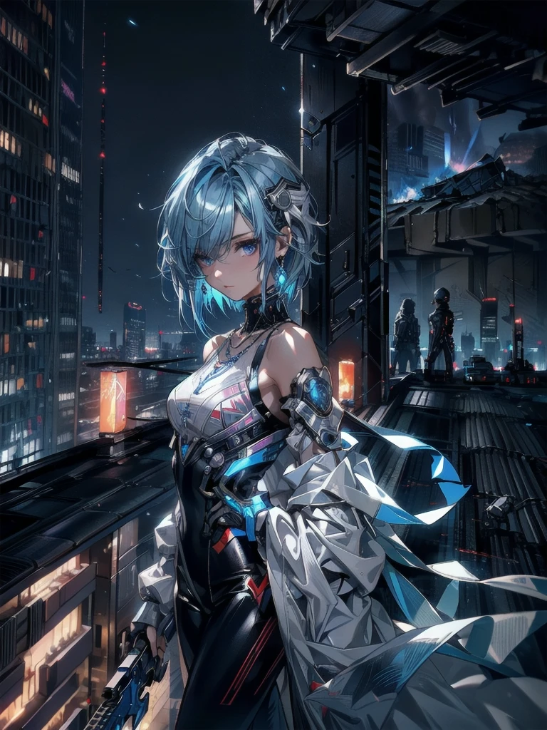 absurdes, RAW Photos, Very delicate and beautiful, masterpiece, Highest quality, Ultra-high resolution, 32K, surreal, Very detailed, cyberpunk world、20-year-old, Delicate facial features,, Earrings, Medium chest, Full Body Shot, Shorten the middle part of the hair, Beautiful Blue Hair, , short Hairstyles、Cyber Tech Suit with realistic texture、The fabric is thin,City background.(night、Rooftop of a burning building:1.5)
Hair in front of eyes, Blue Hair/Light blue hair, Hair that falls over the shoulders, (Carrying a weapon、have a weapons:1.2)(Silver Necklace)