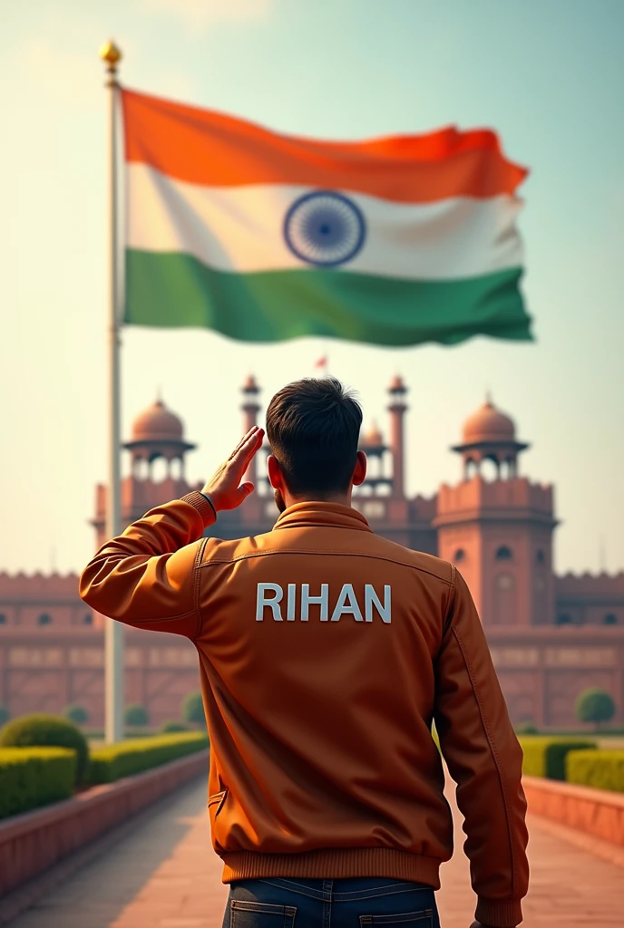 In front of the Red Fort, a large Indian flag is prominently displayed. A Man is standing and saluting towards the flag, wearing a jacket with the name 'Rihan' written on it. Nearby, the words 'Happy Independence Day' are clearly visible, creating a patriotic and powerful 3D scene