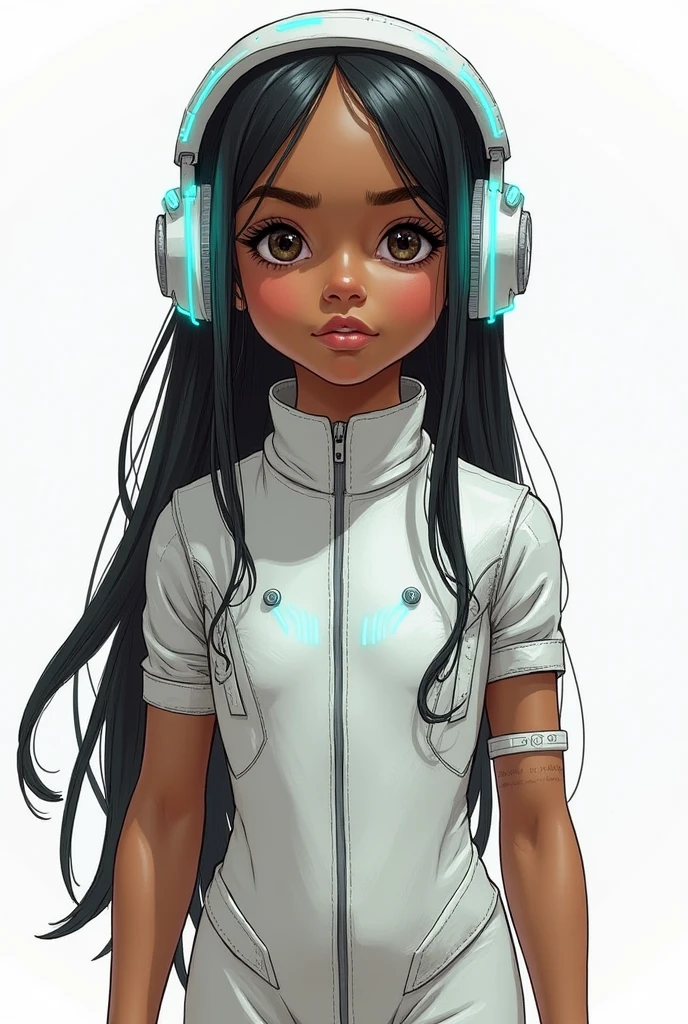 Female child with indigenous features and long, dark hair divided in two parts wearing white futuristic clothing with holographic details. With headphones
Art in sketch 