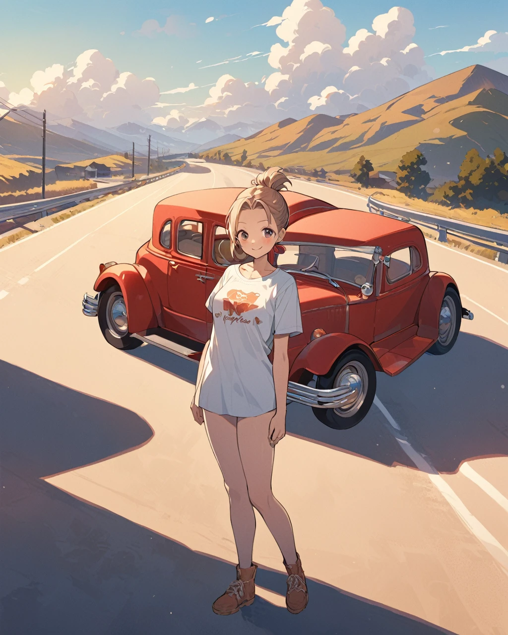 "An anime-style, full-body illustration of a girl with her hair tied back, wearing a loose, boyfriend-style t-shirt. She is standing in front of a red antique car on Highway 88. The background features a scenic highway, and the girl has a cute, happy smile."