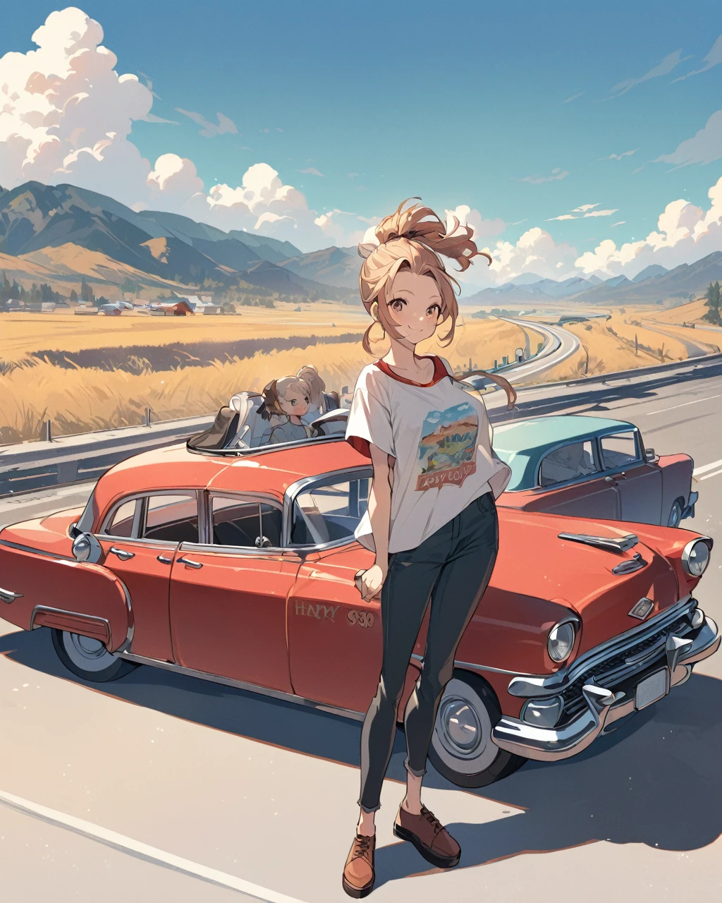 "An anime-style, full-body illustration of a girl with her hair tied back, wearing a loose, boyfriend-style t-shirt. She is standing in front of a red antique car on Highway 88. The background features a scenic highway, and the girl has a cute, happy smile."