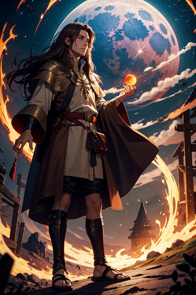 A wizard man with medieval clothing, long brown hair, wearing light brown wizard robes, and a red moon in the background, leather sandals. , high resolution, HD