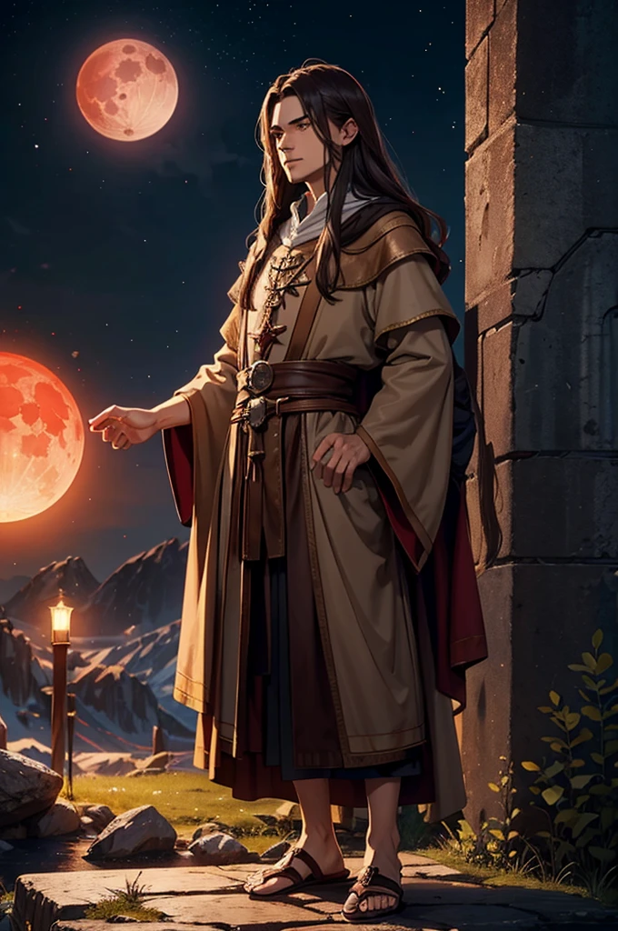 A wizard man with medieval clothing, long brown hair, wearing light brown wizard robes, and a red moon in the background, leather sandals. , high resolution, HD