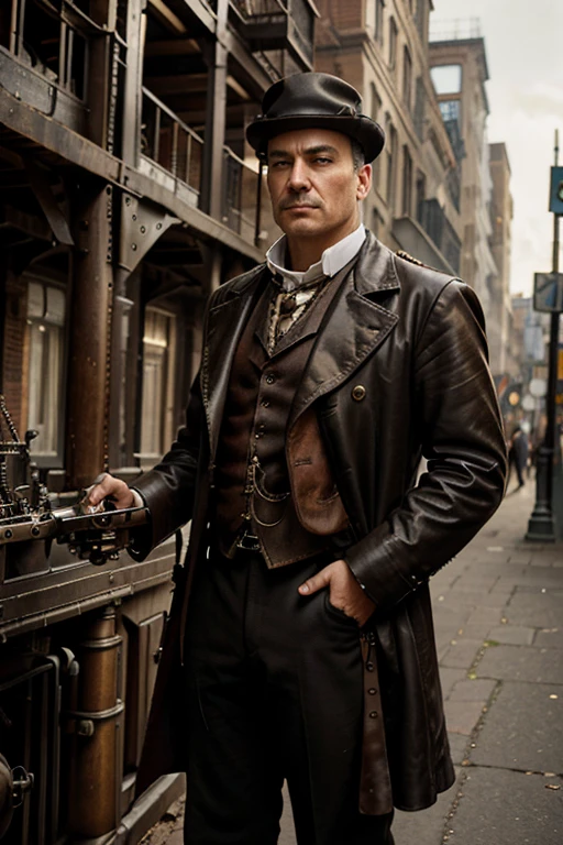 Steampunk style of a man with mechanical parts and Victorian attire, in an industrial cityscape, by James Gurney and Jean-Pierre Jeunet, cinematic composition, trending on ArtStation.