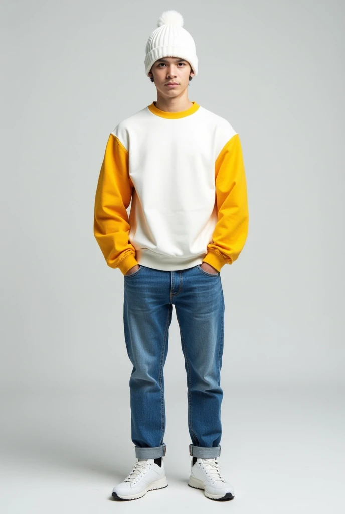 Young man wearing a white long-sleeved shirt with yellow sleeves, blue jeans, white tennis shoes and a white winter hat covering hair
