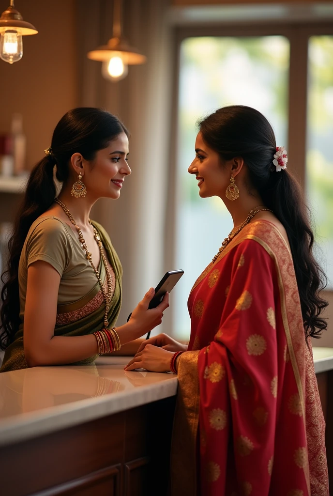 a beautiful lady standing inside the counter and speaking with another lady she hold a Tab one of the lady in saree