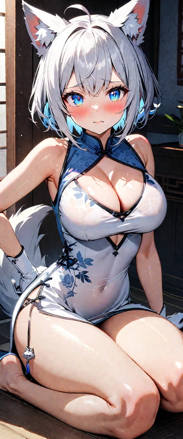 Highest quality,masterpiece,unity 8k wallpaper,Very detailed,Detailed light, Best Shadow,Very detailedな肌,Beautiful attention to detail,Very detailedな顔,Detailed reflective eyes,Shiny Hair,Shining Eyes,(1 girl:1.2),woman,Gloss,thin,White gloves,Silver Hair,(Wolf Cut Hair:1.2),Blue eyes,clavicle,Cleavage,Big Breasts,Charm,Animal ears,White Tail,Ahoge,Silver Hair,(White eyelashes:1.2),White eyebrows,blush,embarrassed,China dress,(whole body:1.2),