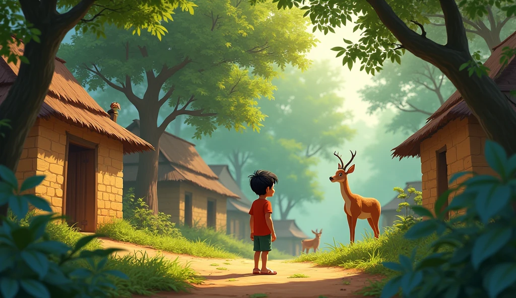 **Prompt:** "A young boy named Arjun lives in a small village in the heart of Chhattisgarh, surrounded by lush green forests and wildlife."
- Visual: A small, traditional village in the middle of a dense forest. A young boy, Arjun, is seen near his simple home, surrounded by tall trees and various animals in the distance.