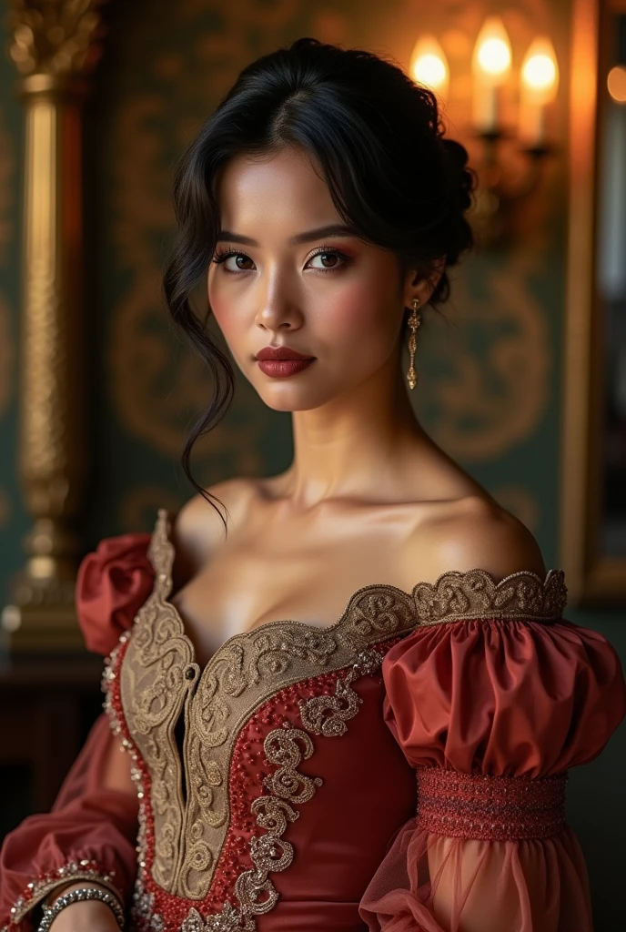 Beautiful latina woman perfect body short brunette hair, dressed in elegant victorian era 19th century American colorful conservative formal studio lighting, beautiful indoor background