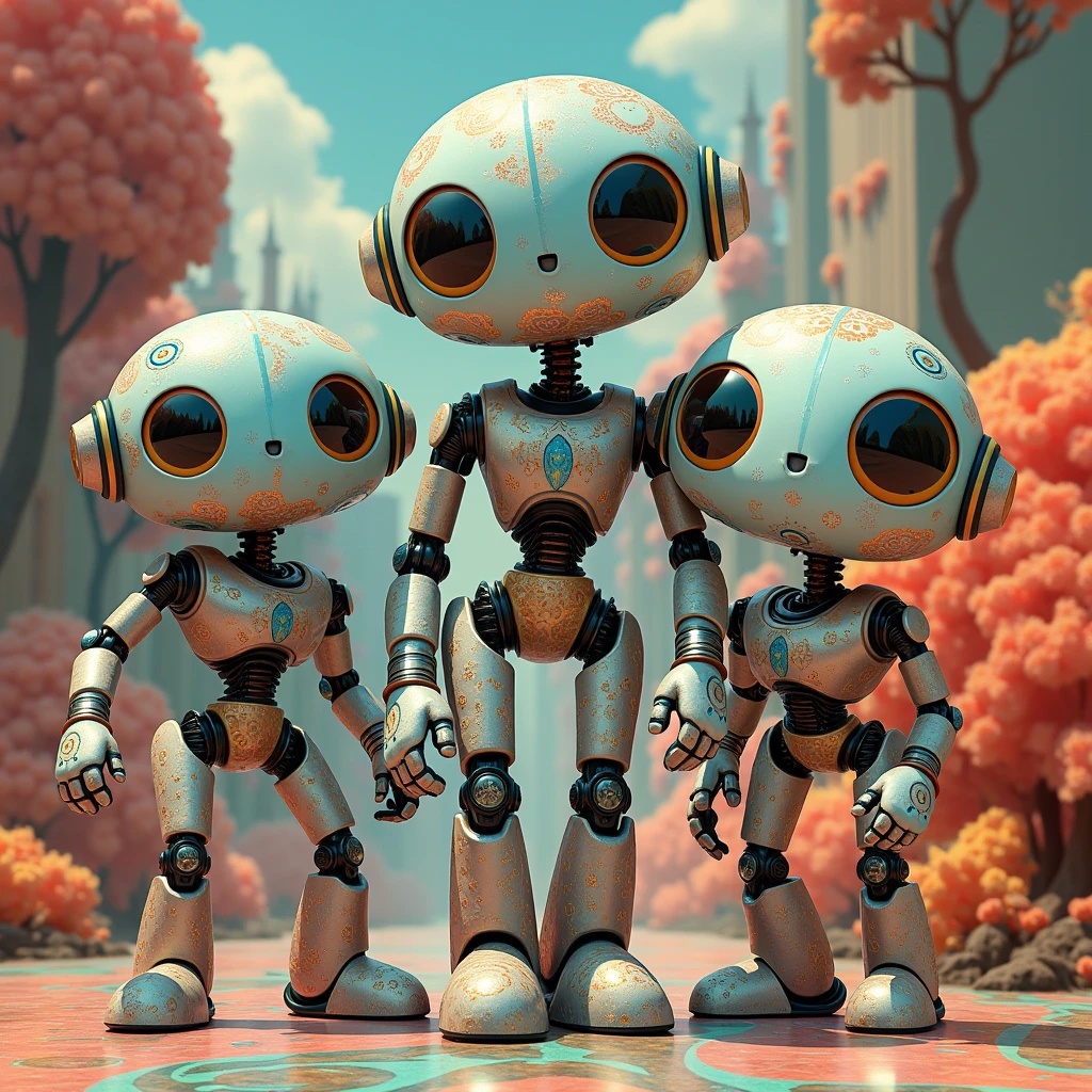 the three robots, psychedelic, surrealist fashion, eye contact, high fashion, ornemental, children magazine illustration