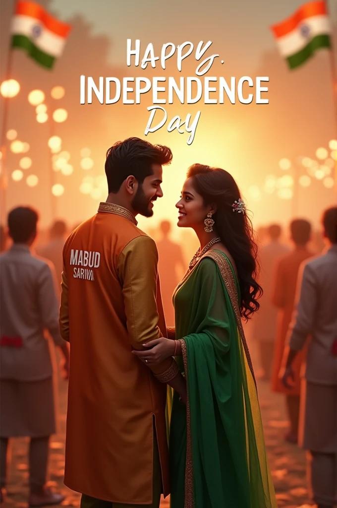 real young couple, Mabud and Sariya stand together, both 20 years old, joyfully celebrate Indian Independence Day. They are wearing indian outfits and Mabud name is written on boy's outfit and Sariya written on girl's outfit. Above them, in the sky, the words "Happy Independence Day" are displayed in a bold font. The backdrop is filled with people celebrating, enhancing the festive and patriotic spirit of the day.make sure text should be correct.