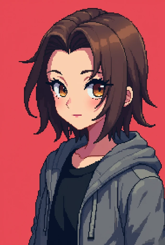 Create an NPC for a Youtube profile picture. Use an eye-catching main color for the background. Create a pixel art drawing. The character should have a gray jacket and a black shirt, slickedback hair, short with the hair parting in the middle, eyes browns