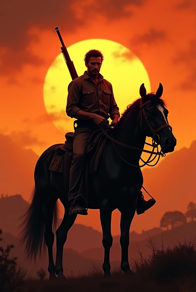 ((Best Quality)), ((masterpiece)), (detailed), Sunset background in the old west (apocalyptic), the silhouette of a 40-year-old cowboy in the middle with a wide-brimmed hat, mounted on a black horse with a rifle slung across his back, short black hair, lugubrious, (Highlighting the background slightly).