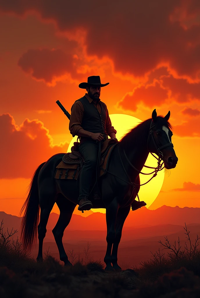 ((Best Quality)), ((masterpiece)), (detailed), Sunset background in the old west (apocalyptic), the silhouette of a 40-year-old cowboy in the middle with a wide-brimmed hat, mounted on a black horse with a rifle slung across his back, short black hair, lugubrious, (Highlighting the background slightly).