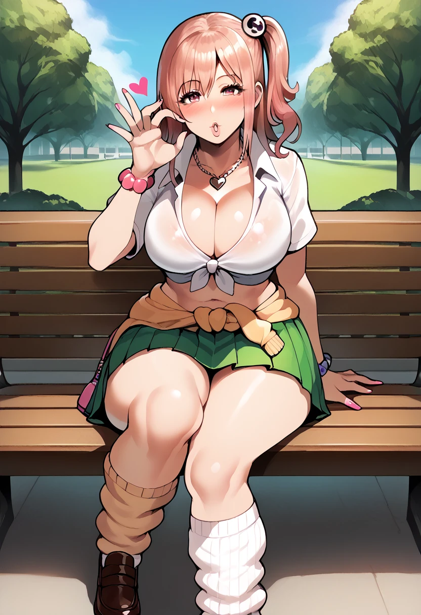 Score_9, score_8_up, score_7_up, score_6_up, source_anime, (honoka\(DOA\)), gyaru, slutty_clothes, sitting on bench, (knee up), cowboy shot, fellatio gesture, heart, 1girl, solo, looking at viewer, blush, parted lips, gyaru, front-tie top, pleated skirt, green skirt, white leg warmers, loose socks, loafers, clothes around waist, bracelet, curvy, voluptuous, large breasts, cleavage, midriff, outdoors, park, on bench, day, tree,