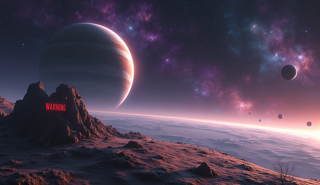 view of a planet in deep space, with stars of different colors, and 2 big planets with rings and moons in the back. the space has some bright colors, purple and pink. on the planet there is an abandoned space station and a brown-orange sign that writes with a red font "No C Trespassing"