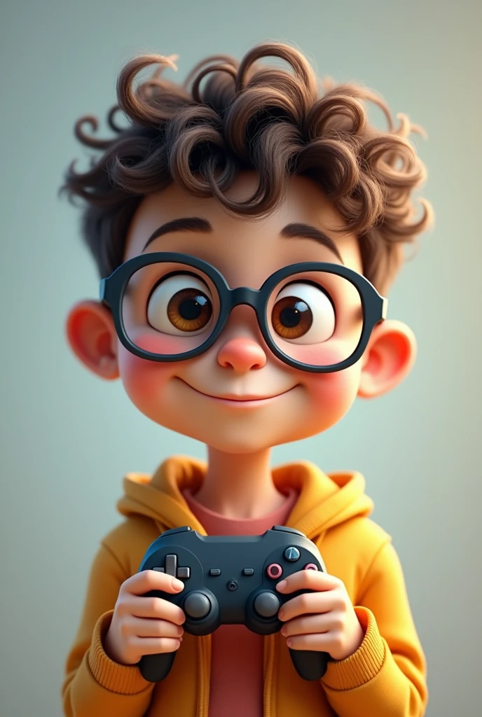 A cute boy with big glasses and even bigger eyes holding a video game controller, with curly hair and a low haircut and jpged to the right side