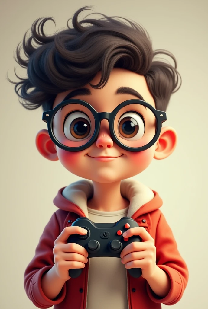 A cute boy with big glasses and even bigger eyes holding a video game controller, with curly hair and a low haircut and jpged to the right side