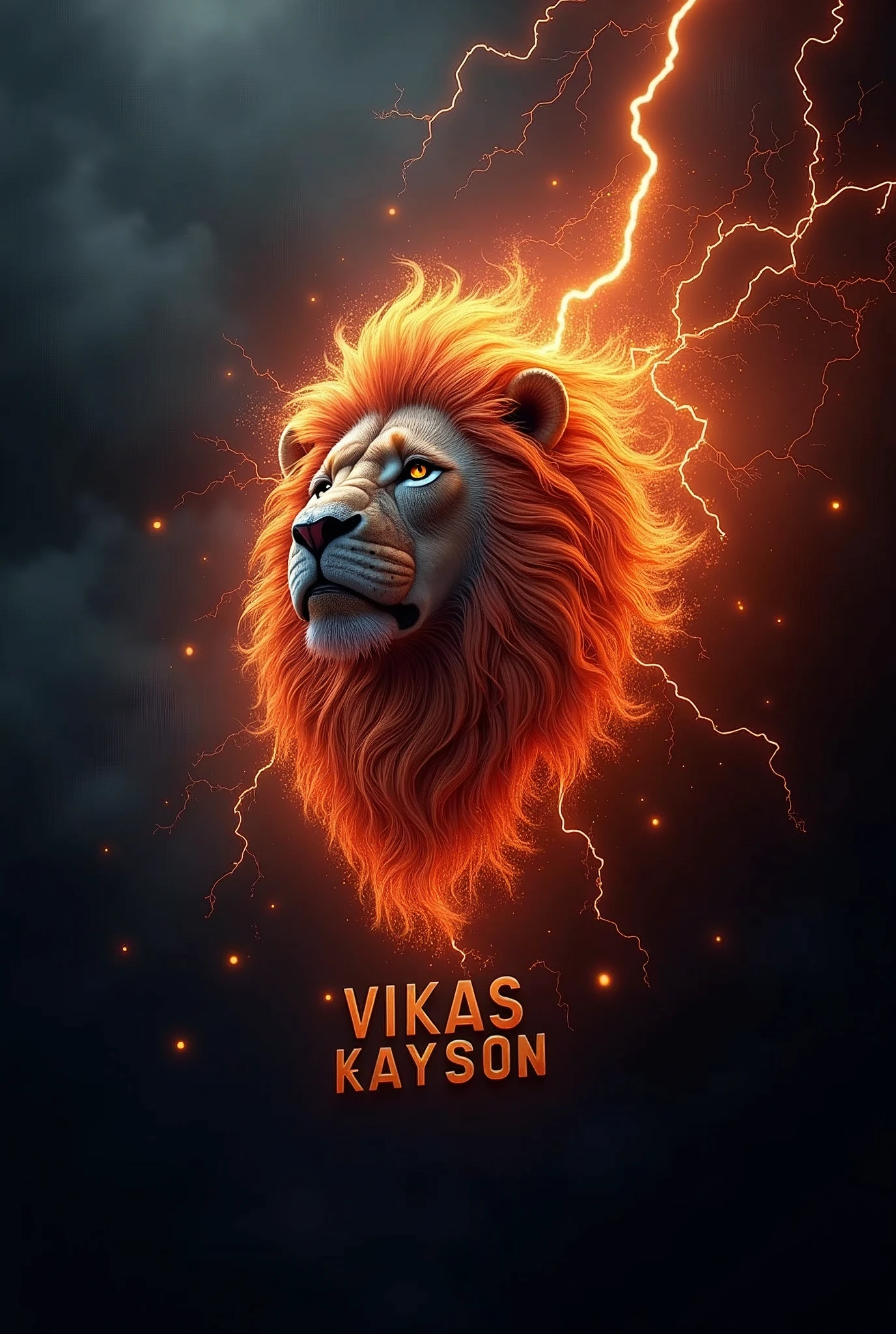 The name "VIKAS RAYSONI"with fire, smoke, and lightning stars IN DIFFERENT SHADES OF black and a lion's head, typography, 3d rendering, photography, architecture, photo, fashion, vibrant, cinematic, 3d render, poster