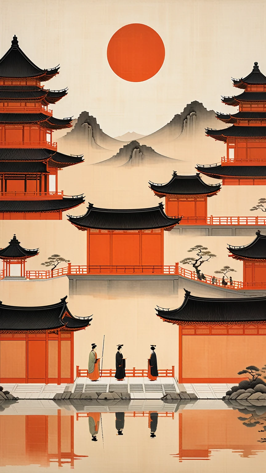 Minimalist Song dynasty mural by Alessandro Gottardo, Dream of Red Mansions， Heian period, Zen, dark orange and light beige style, enigmatic figures, elegant cityscape, historical painting, super fine detail, monumental mural