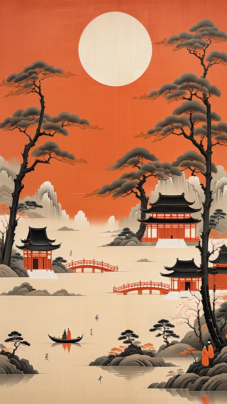 Minimalist Song dynasty mural by Alessandro Gottardo, Dream of Red Mansions， Heian period, Zen, dark orange and light beige style, enigmatic figures, elegant cityscape, historical painting, super fine detail, monumental mural