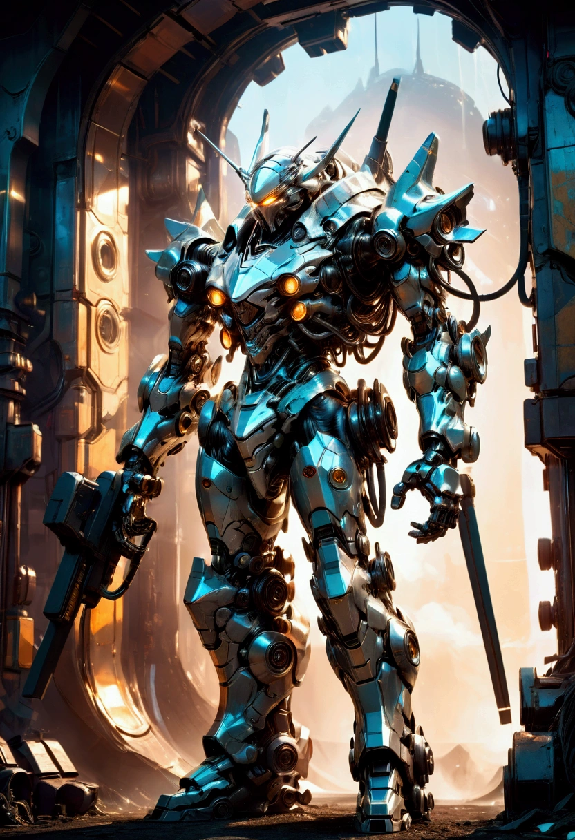 Giant Weapon, a massive futuristic mecha robot, highly detailed mechanical parts, intricate gears and pistons, glowing energy core, dramatic pose, cinematic lighting, sci-fi atmosphere, metallic sheen, depth of field, 8k, concept art style, masterpiece, best quality, very aesthetic, absurdres