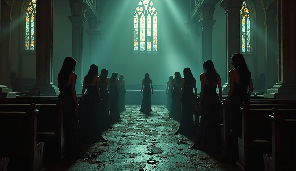 many succubus women, absorbing the souls of many men, inside a dark cathedral, abandoned and satanic 