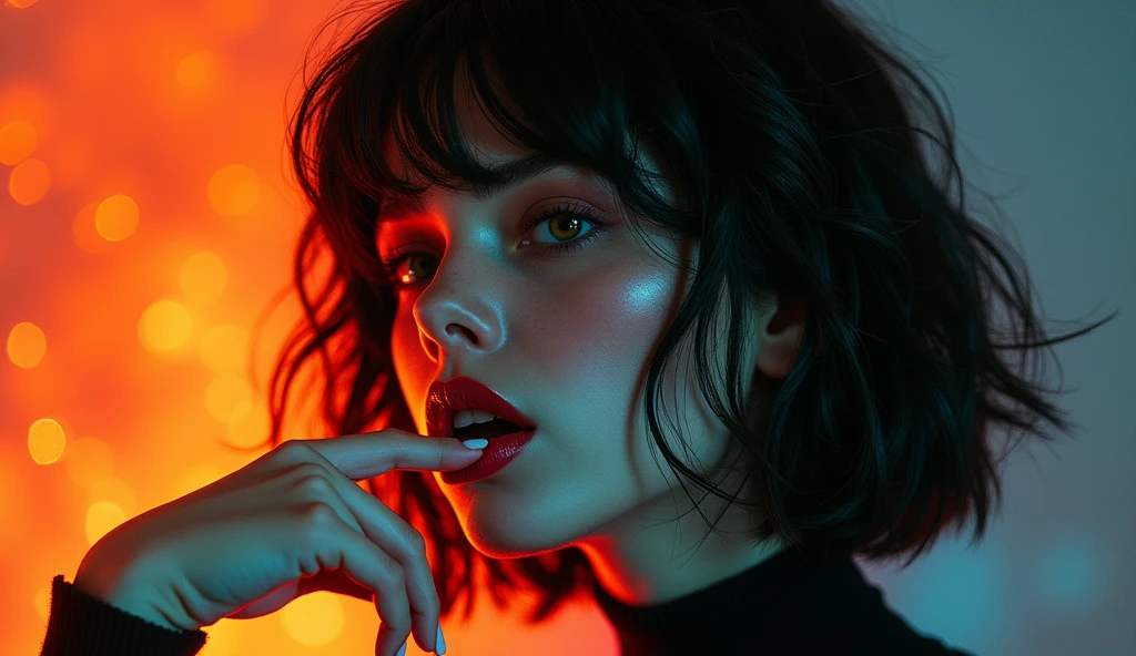 An illustration of a sexy naked woman with his finger on his lips in orange, blue, green and red colors, in the style of Andy Warhol, with a symmetrical grid layout and flat design, featuring highly detailed illustrations and colorful portraitures in motion against a white background