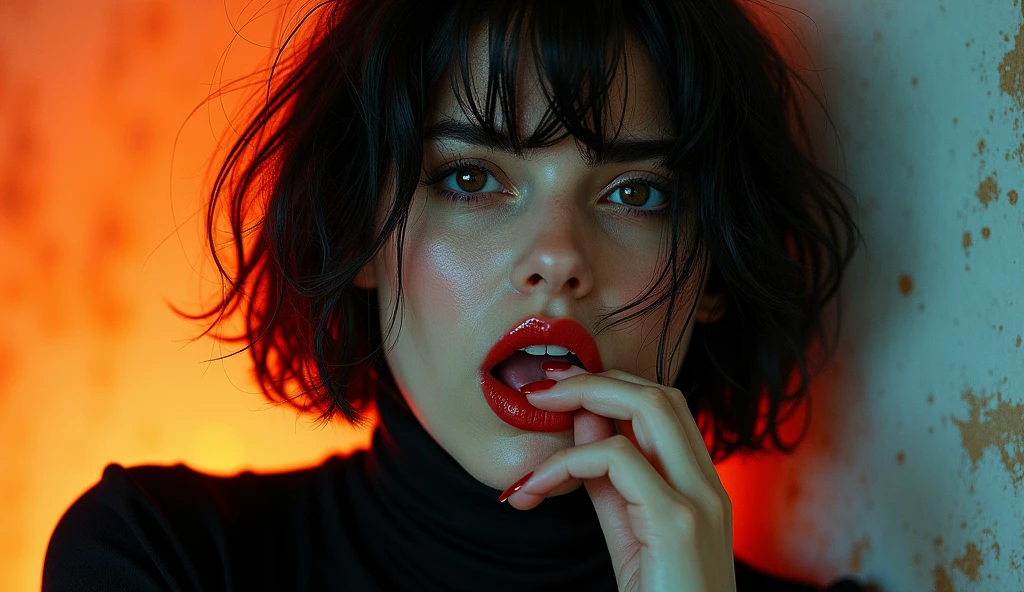 ultra-detailed, realistic, wallpaper, suck finger, bites her lip,woman head, disheveled, hard breath, bob cut, sexual tension, red lips, sexy despair, sweat, loosing control, turtleneck, void, abstract, orange blue,