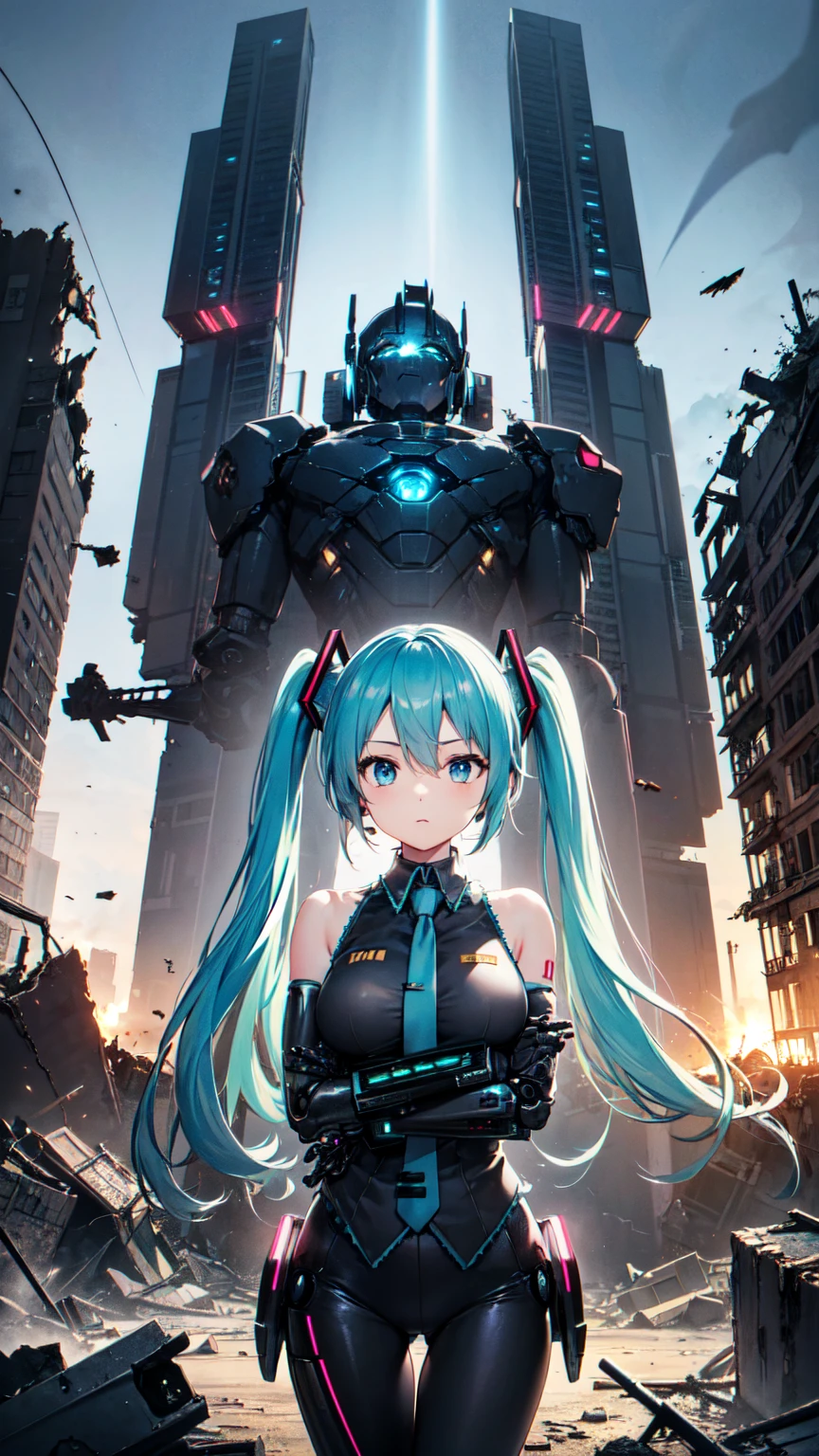Hatsune Miku Vocaloid、Twin tails、Light blue hair、Bright Blue Eyes、Mecha Girl、Big Breasts、The ultimate in toned physique、black tights、Highly sophisticated cyborg, Arms folded in front of the destroyed city, Bionic body with futuristic details. (Arms folded in front of the destroyed city、A highly sophisticated cyborg, Bionic body with futuristic details.)