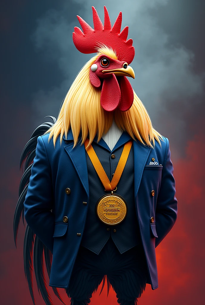 Create a rooster as the mascot of France, At the center, with an air of superiority, so majestic, with a jacket on the animal's body, with the gold medal from the 2024 Paris Olympics, and the background of the image the colors of the French flag