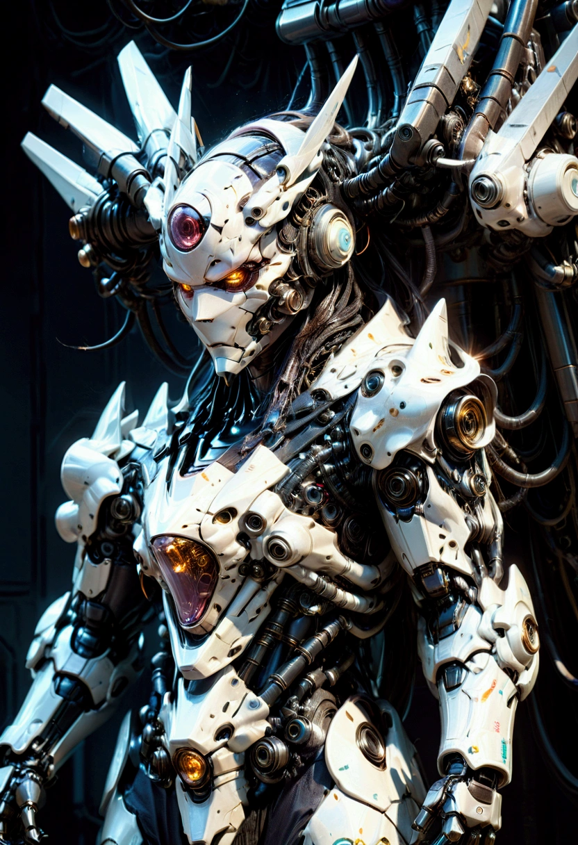 Giant Weapon, a massive futuristic mecha robot, highly detailed mechanical parts, intricate gears and pistons, glowing energy core, dramatic pose, cinematic lighting, sci-fi atmosphere, metallic sheen, depth of field, 8k, concept art style, masterpiece, best quality, very aesthetic, absurdres