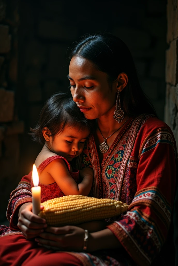 masterpiece, relist, Mexican Mayan indigenous woman, with a Mexican embroidered huipil, loving her child, and held a corn cob, sitting on a rebozo, and a candle illuminating her face, dark background, high contrast, baroque painting, Caravaggio, Look in detail, Awesome, Uman Damle's photography style, dark background negro,