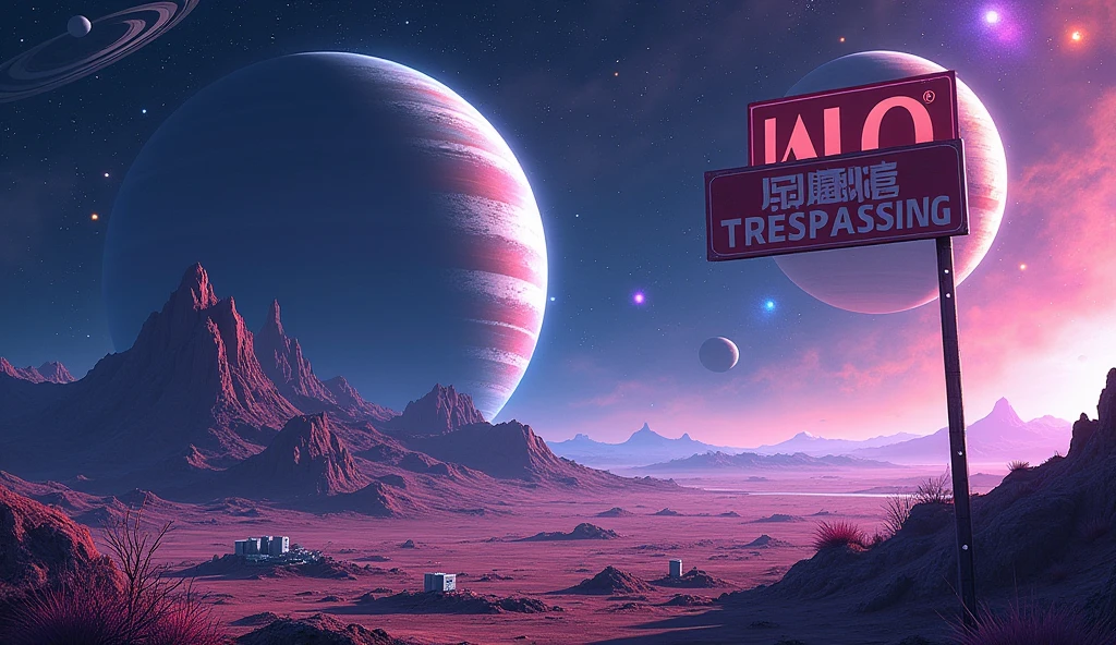 view of a planet in deep space, with stars of different colors, and 2 big planets with rings and moons in the back. the space has some bright colors, purple and pink. on the planet there is an abandoned space station and a brown-orange sign that writes with a red font "No C Trespassing", anime style