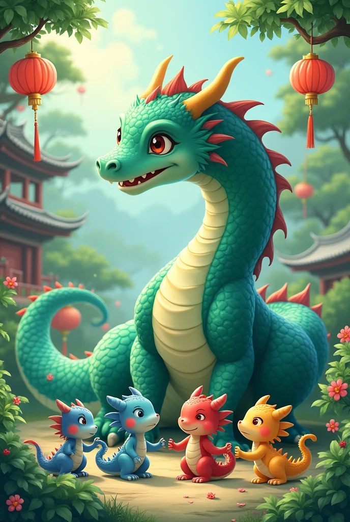 A tiffany green dragon,huge,on the ground,Several little dragons held hands with him,Young dragons come in different colors.,cute style,background chinese style,forest