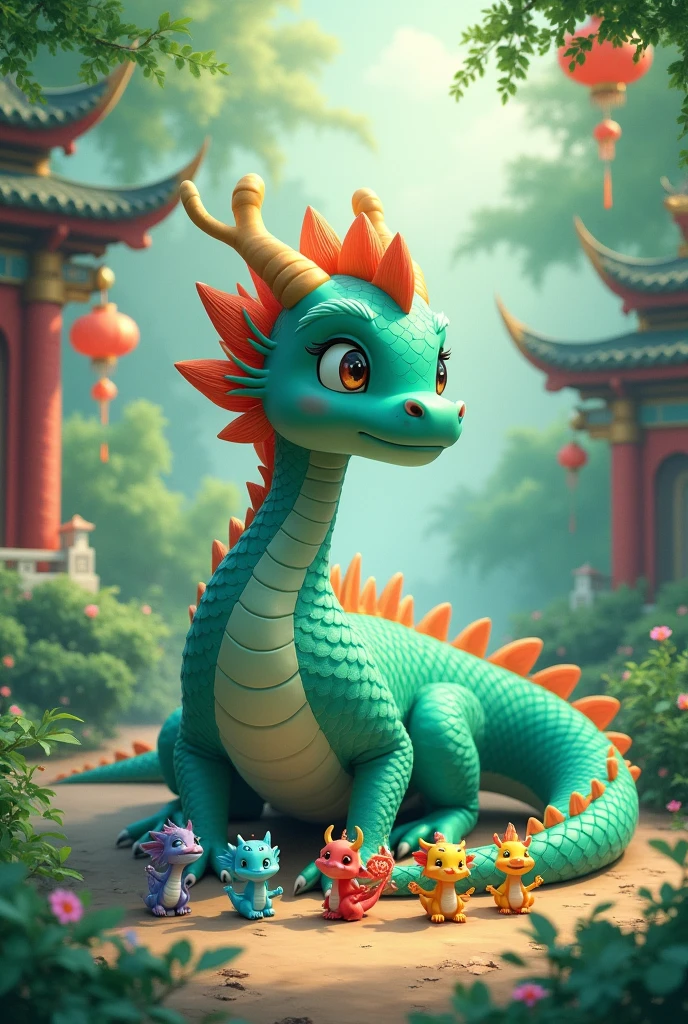 A tiffany green dragon,huge,on the ground,Several little dragons held hands with him,Young dragons come in different colors.,cute style,background chinese style,forest