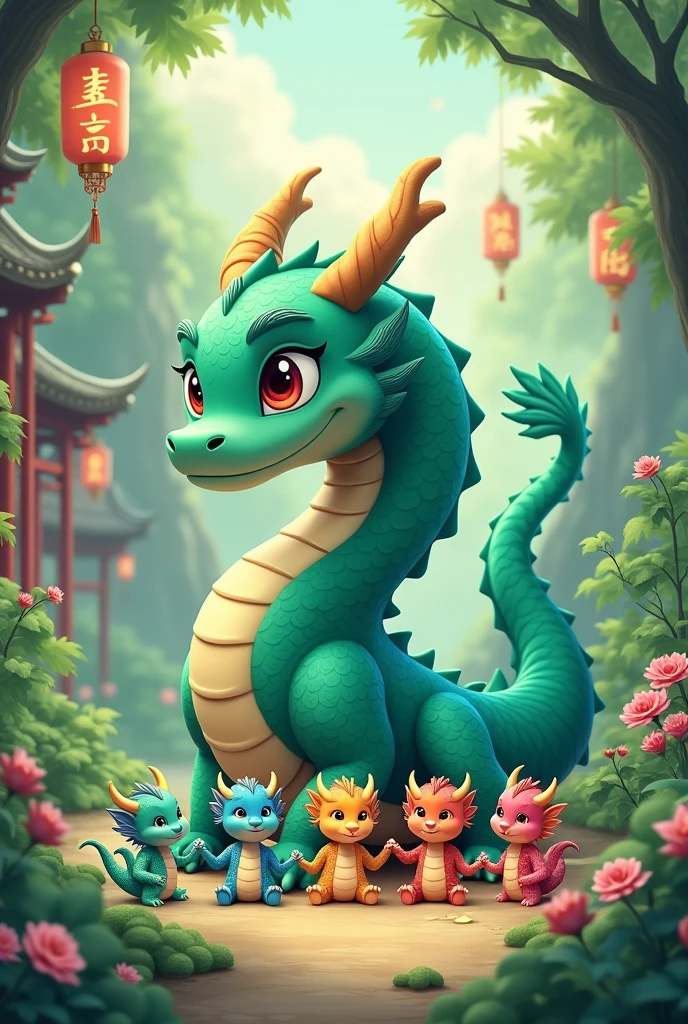 A tiffany green dragon,huge,on the ground,Several little dragons held hands with him,Young dragons come in different colors.,cute style,background chinese style,forest