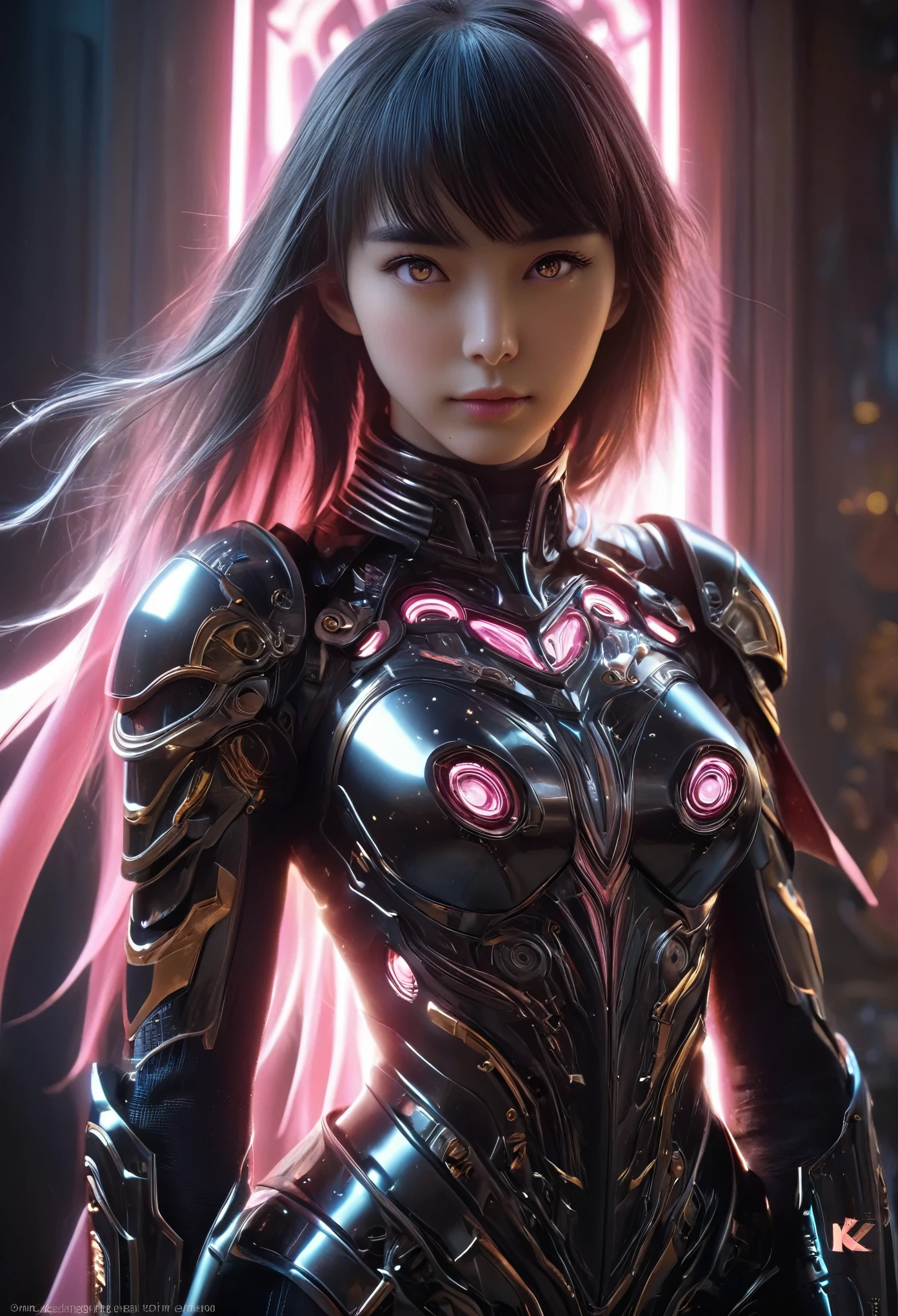 (Best Quality, 4K, 8K, High Resolution, Masterpiece: 1.2), (Super Detailed, Realistic, Photorealistic:1.37), A woman in futuristic clothing, Trending on cgstation, Trending on cgstation, (Portrait of a girl in the Knights of the Zodiac:1.4), blunt bangs, Cute Cyborg Girl, Perfect android girl, Portrait Astronaut Girl, Beautiful girl cyborg, (Girl wearing black pink golden mechanical cyber armor:1.3), Game CG, cgsociety and fenghua zhong, Beautiful Cyborg Shrine Maiden, Bioluminescence, (Yua Yaiba:0.5), (Golden eyes:1.5), Anatomically correct grip, (Sharp and long claws:1.4), erotic and sexy, black, wearing A gorgeous cape with beautifully detailed embroidery, (beautiful tits, beautiful breasts, beautiful nipples:1.5), (NSFW:1.5)