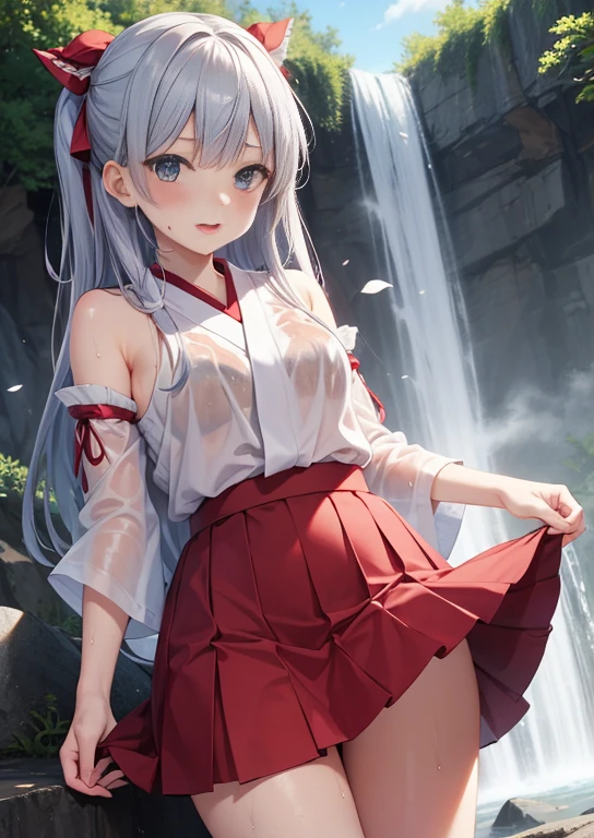 shrine maiden,wet,Girl hit by waterfall,dynamic angle,skirt lift