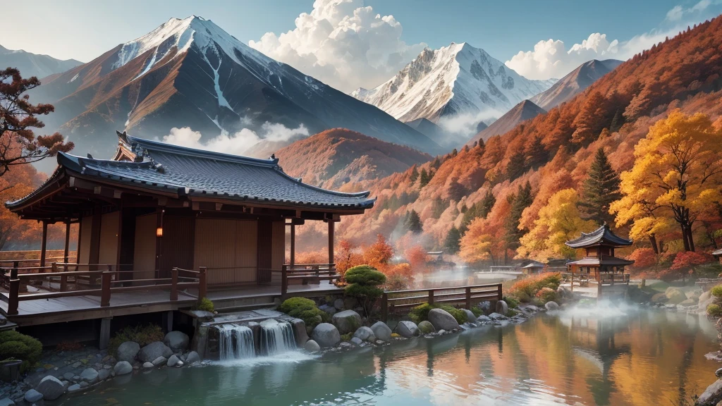 A japanese hot spring resort with mountain view in distance and leaves falling into air, hot spring, Shimizu, wallpaper, Printable，bamboo forest。Steaming