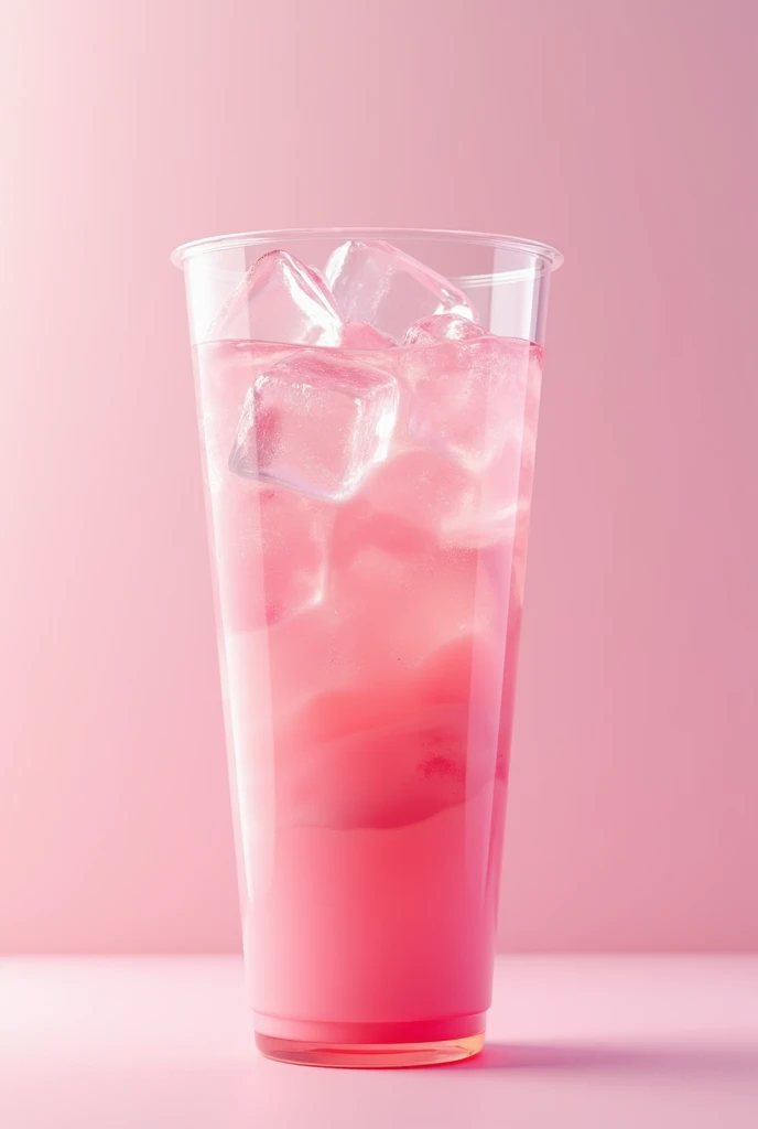 In big plastic cup,  pink colour drink mix with milk is fill in cup with full of crystal clear ice cube, HD, realistic, advertising, 8k, inside the drink the crystal clear ice cube can seen