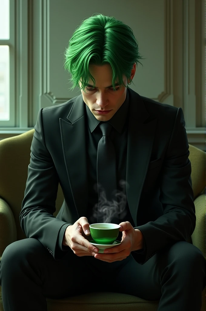 A male character wearing a black suit with green hair, sitting holding a cup of green tea.