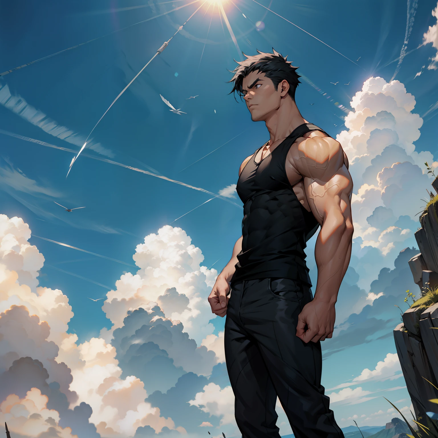 1boy, 26 Years old, Serious face, muscular, wearing black sleeveless t-shirt, black pants, black hair, levitate on sky, blue sky, cloud