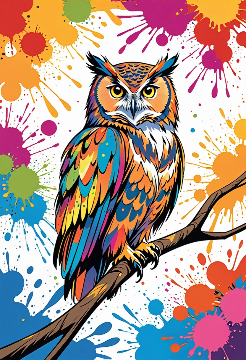 Vector Art, Color illustration with owl, In the center, Vibrant colors, Paint splatters and stains, High Detail,Hawaiian style background