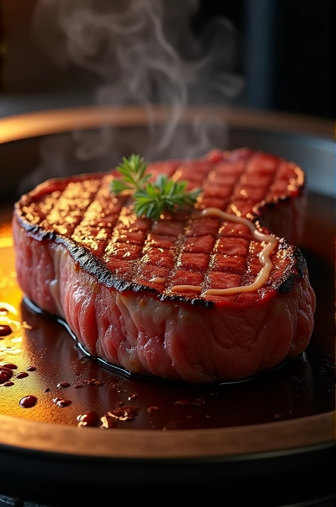 Steak meat marked A29 on a hot plate