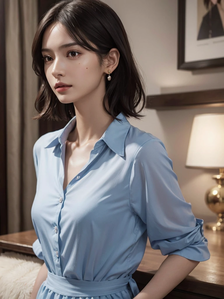 absurdres, RAW photo, extremely delicate and beautiful, masterpiece, Best Quality, ultra high resolution, 32k, hyper realistic, ultra-detailed, Very detailed CG 8k wallpaper, detailed background, landscape, Beautiful Lighting, Perfect Lightning, Realistic Shadows, perfect anatomy, anatomically correct, ideal ratio body proportions, perfect figure, Perfect Style, Perfect balance, super Detailed skin, in her 30s, very Slim body, narrow waist, very small head, very small face, delicate facial features, handsome detailed woman, very detailed eyes and face, realistic face proportions, Realistic beautiful face, Realistic beautiful eyes, tearful mole, earring, very huge round tits, medium short hair, asymmetrical hair, wavy hair, indoor, (collared shirt dress), foot, clavicle, tall,