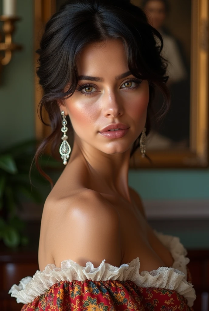 Beautiful latina woman perfect body short brunette hair, dressed in elegant victorian era 19th century American colorful conservative formal studio lighting, beautiful indoor background
