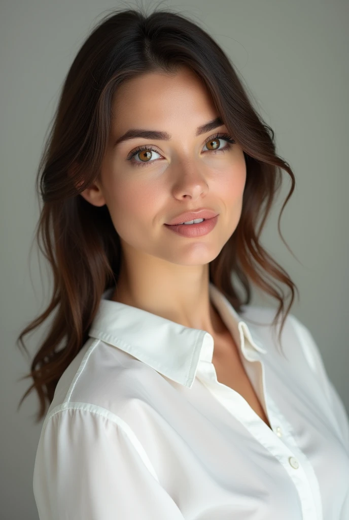 Realistic photo of a beautiful young 25-year-old brunette woman attractive to men, with a white blouse