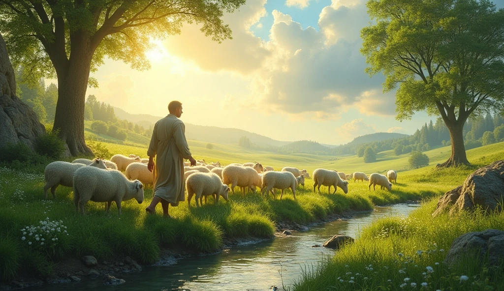 Imagine a serene and peaceful landscape, where a shepherd guides his flock through a green field. The sun shines softly, illuminating the scene with a warm, golden light. As the shepherd advances, fluffy white sheep graze peacefully, while some of them gather around him, seeking comfort and safety. 

Ao fundo, a stream of crystal clear water flows serenely, reflecting the blue sky, and the leafy trees offer shade and refreshment. The air is filled with the song of birds and the gentle rustling of leaves.. 

O pastor, with an expression of peace and compassion, watches his sheep closely, ensuring that none of them stray from the path. There is a palpable sense of protection and care, as if he was always attentive to the needs of his flock. 

In this scenario, the essence of Psalm 23 resonates: "The Lord is my shepherd; I will lack nothing". security, the tranquility and confidence are palpable, symbolizing the deep connection between the shepherd and his sheep, reflecting unconditional love and wise leadership.
